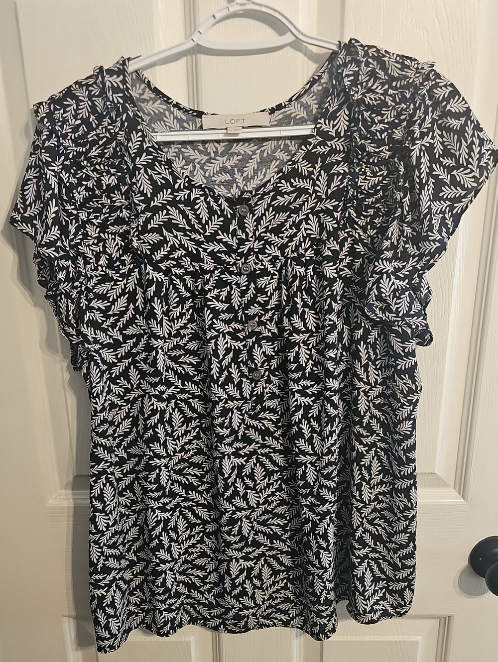 LOFT Navy Top with White Leaf Print and Ruffle Sleeves